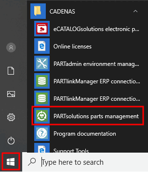 Menu de démarrage Windows -> Répertoire CADENAS