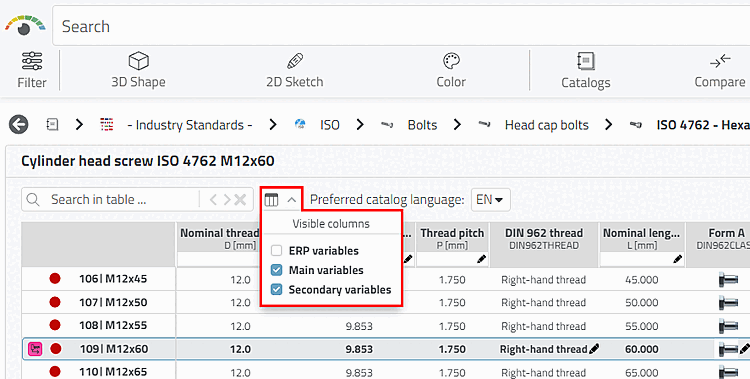 Groupes de variables regroupés dans une zone de liste