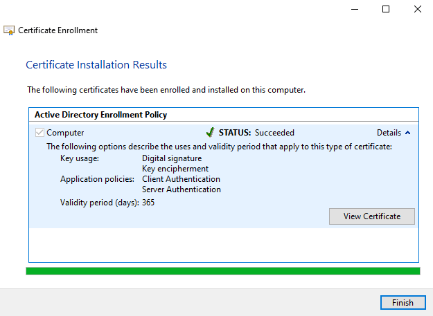 Résultats de l'installation des certificats