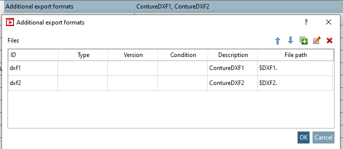 Projet avec 2 Additional Files. Les identifiants de fichiers sont donnés par dxf1 et dxf2. Ces identifiants permettent de faire le lien entre les fichiers externes et le système de classification.