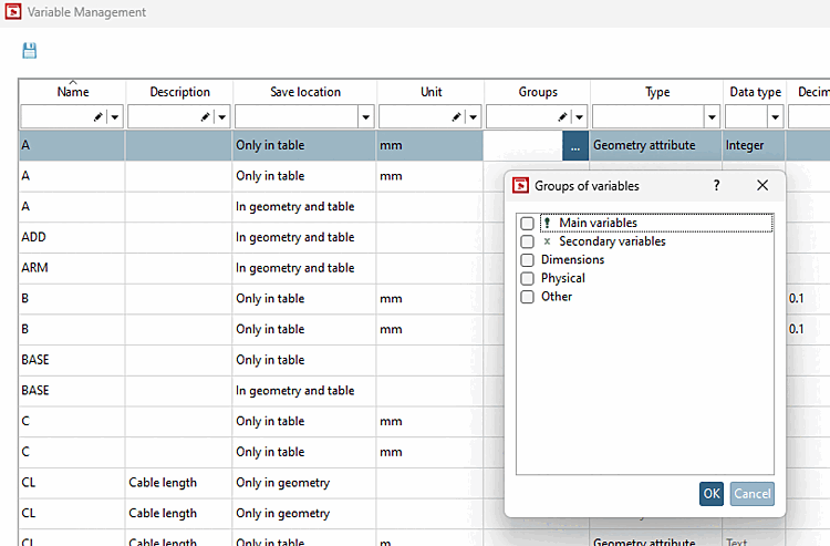Boîte de dialogue "Gestion des variables [Variable Management]