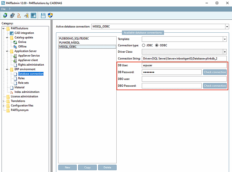 Catégorie "Connexion à la base de données [Database connection]" -> Zone de dialogue " Connexions à la base de données disponibles [Available database connections]".