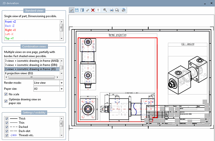 Exemple : 3 vues + isométrie dans le cadre (JIS) [3 views + isometric drawing in frame (JIS)]
