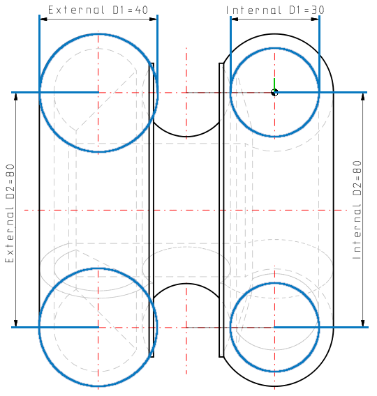 Exemple - D2 : Grand diamètre [Major Diameter] | D1 : Petit diamètre [Minor Diameter] pour un tore extérieur et un tore intérieur