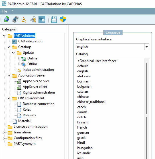 Zone de dialogue "Langue [Language]" avec options de sélection pour l'interface du programme [Graphical user interface] et le catalogue [Catalog]