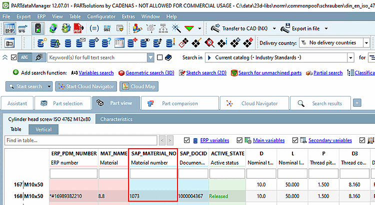 Matériel dans PARTdataManager