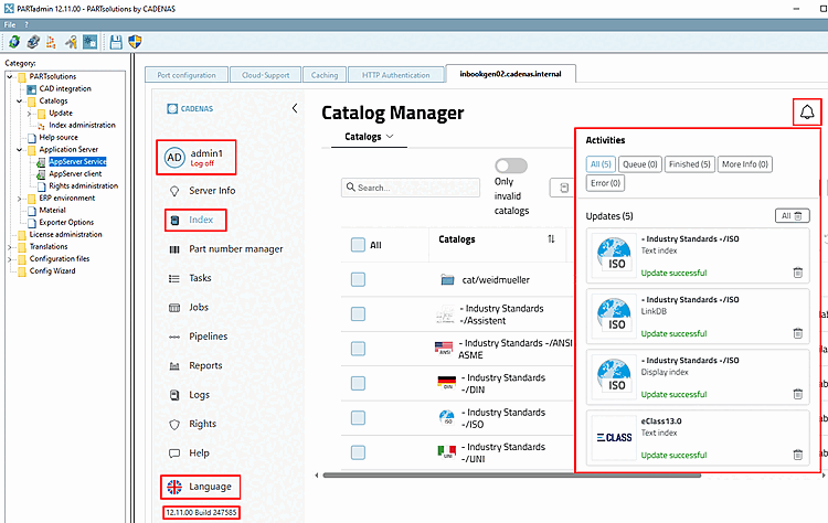 PARTapplicationServer Dashboard : L'ill. montre à titre d'exemple la sélection "Index".