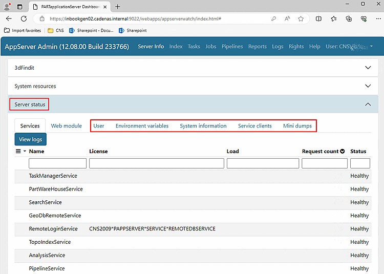 Onglets "User", "Environment variables", "System information", "Service clients", "Mini dumps" visibles par l'administrateur