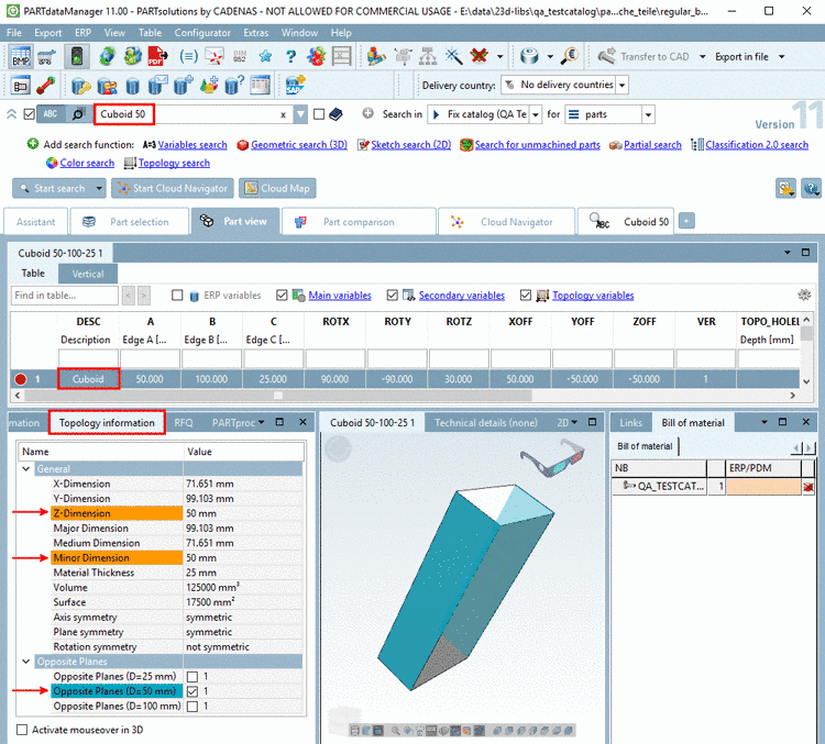 Part view with docking window "Topology information"