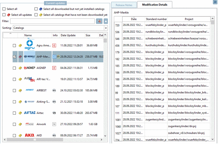 Tabbed page "Modification Details": Changed projects are listed.