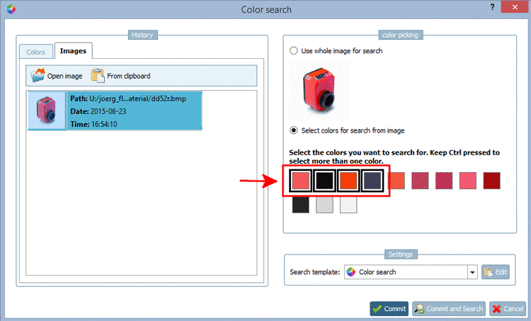 Four colors have been selected here according to the default value in the settings. You may adjust the default for each search in the dialog box "Color Search". Or choose the option "Use whole image for search".