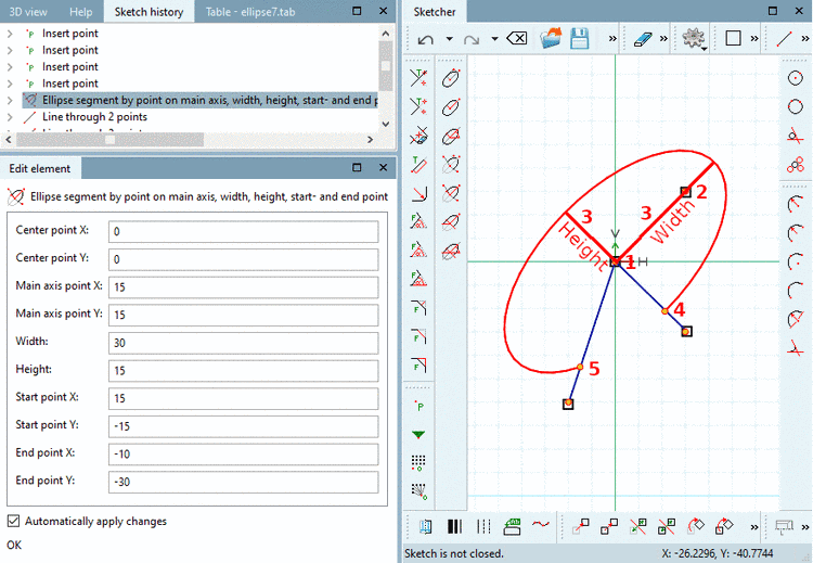 Specification of the ellipse's dimensions via width and hight statement