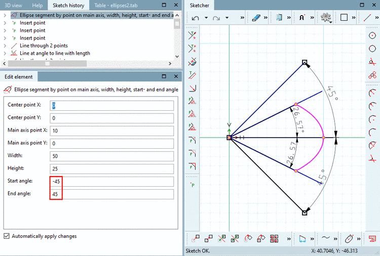 Ellipse segment: divergent values in the sketch