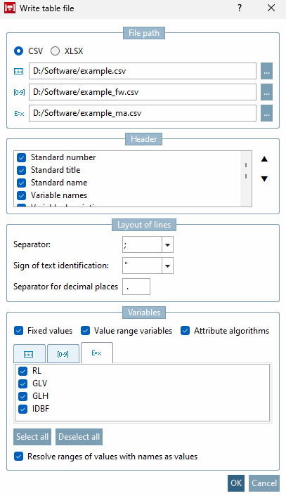 Fenêtre "Écrire un fichier de tableau [Write table file]" avec sélection complète