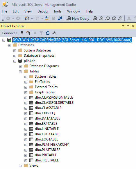Tables plinkdb à l'exemple de MS SQL affichées dans Microsoft SQL Server Management Studio