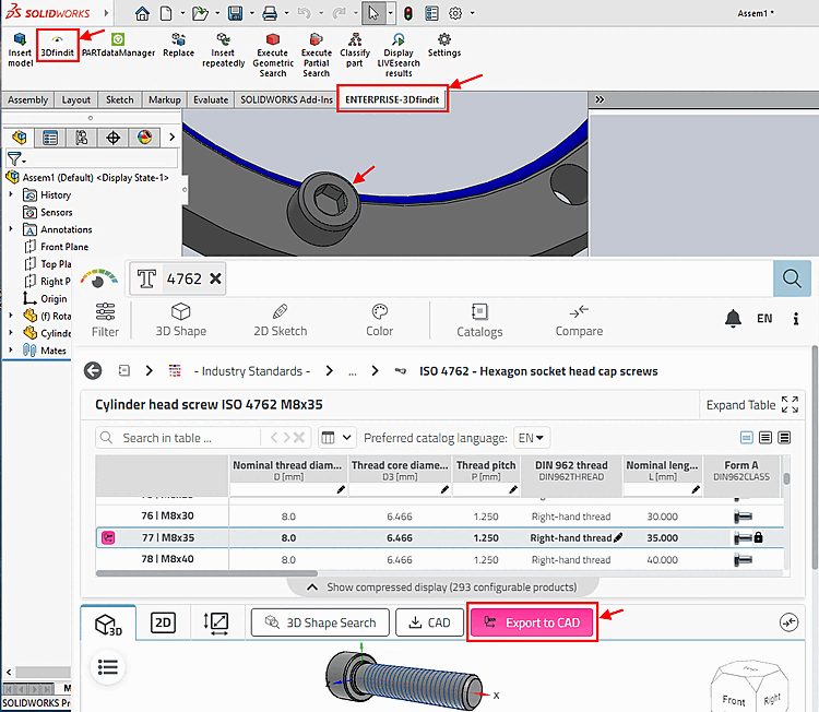 Appeler 3Dfindit via l'option de menu "ENTERPRISE-3Dfindit" -> sous-option "3Dfindit" et exporter la pièce dans la CAO