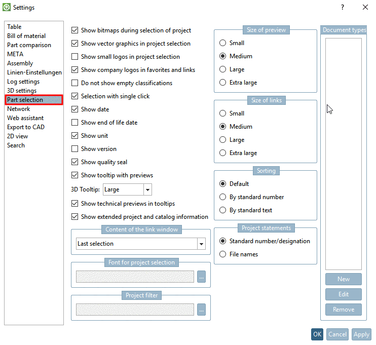 PARTdataManager -> Extras -> Settings...