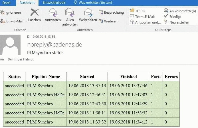 E-mail with PLMsynchro status