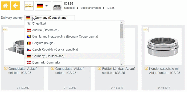 Example: Delivery countries on http://schiedel.partcommunity.com