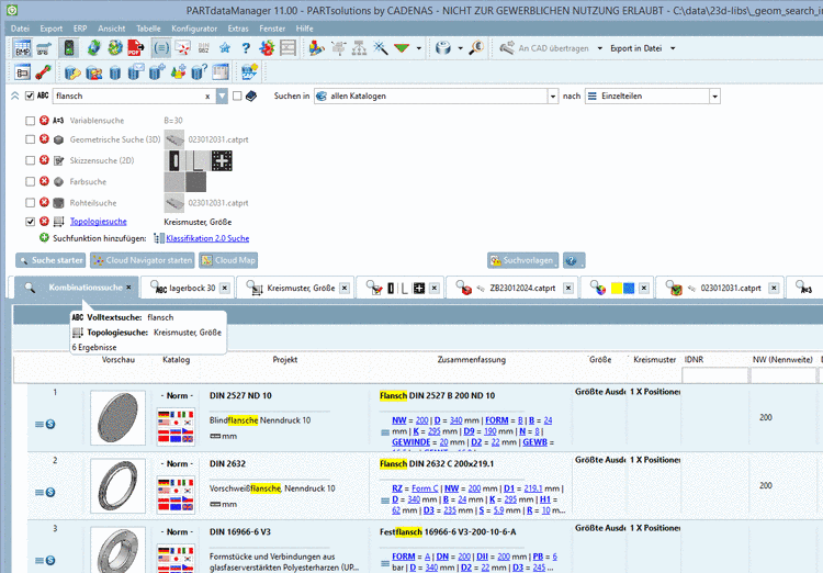 Combination searchIn this example a combination of Full-text search and Topology search has been performed. All other methods are set inactively.