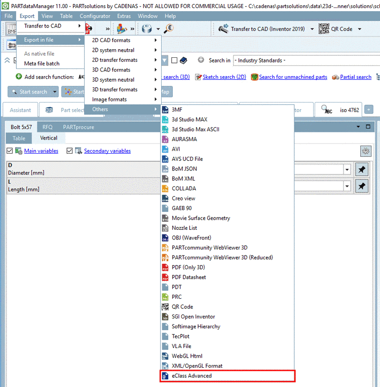"Export" menu -> "Export in file" -> "Others" -> "eClass Advanced"