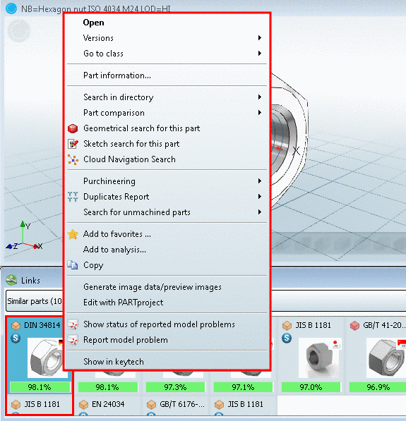 Example: Context menu commands in the Links dialog box