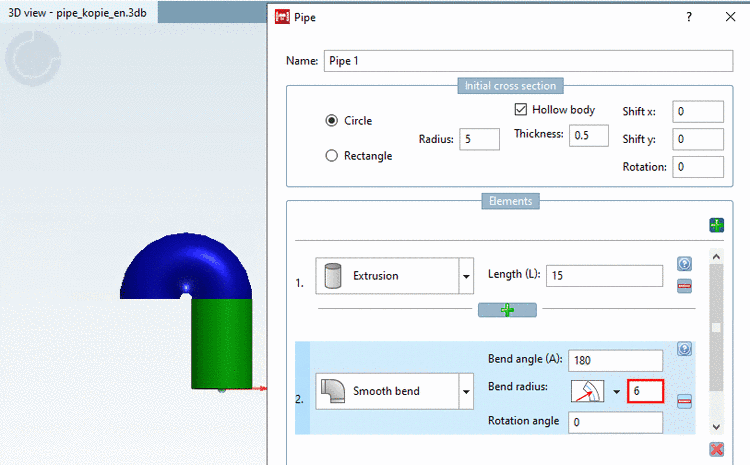 Bend radius 6 at a Bend angle of 180°