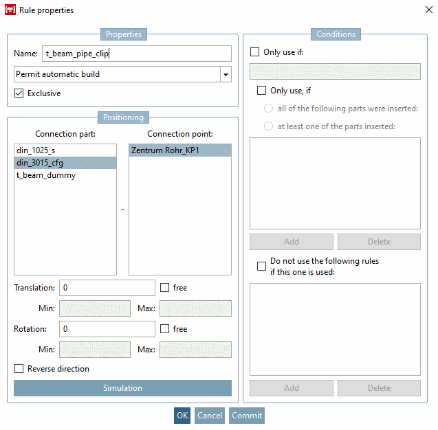 Rule for connection point "t_beam_pipe_clip" on part "din_1025_s (TB)"