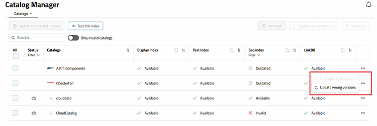 Index > Menu contextuel en fin de ligne > Mise à jour des versions incorrectes versions