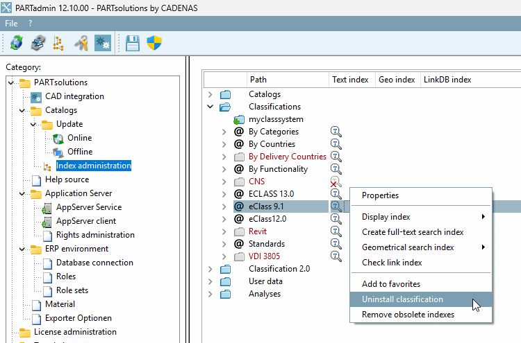 Gestion des index [Index administration] -> Classifications -> Commande du menu contextuel "Désinstaller la classification [Uninstall classification]".