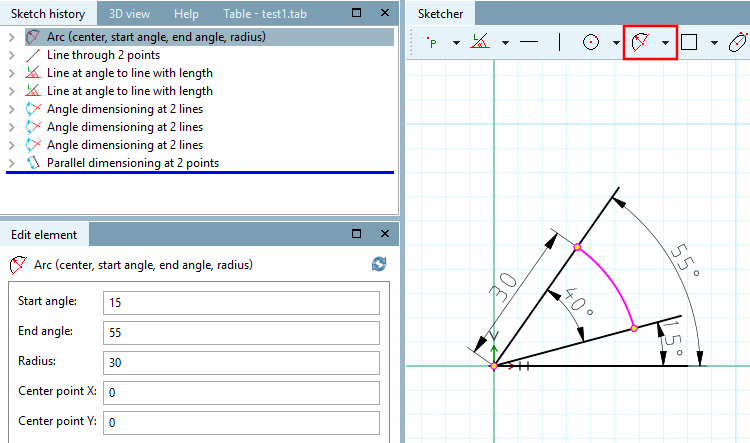 Arc sur centre, angle initial, angle final et rayon [Arc (center, start angle, end angle, radius)]: ajuster les paramètres