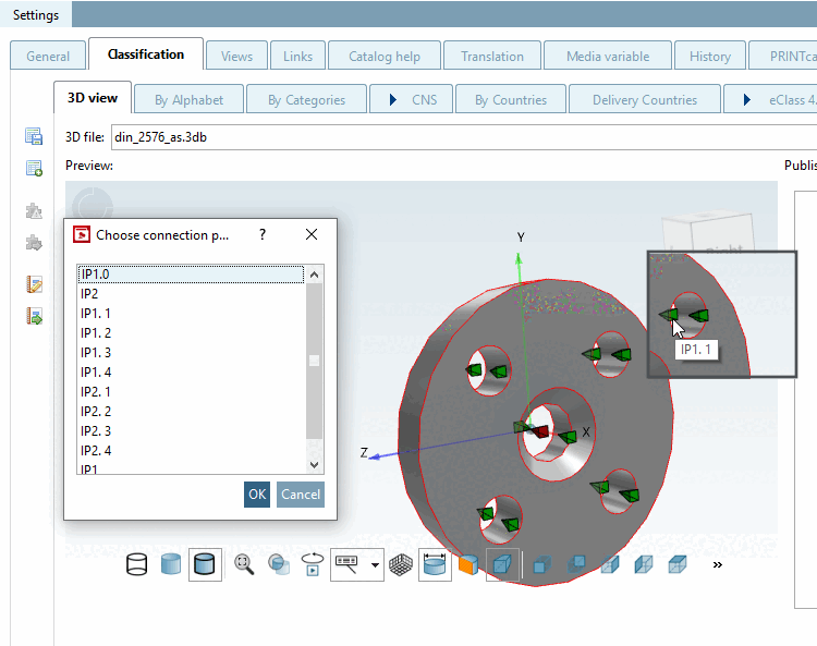 Point d'attache marqué en rouge après sélection dans le dialogue et nom dans l'info-bulle au survol de la souris