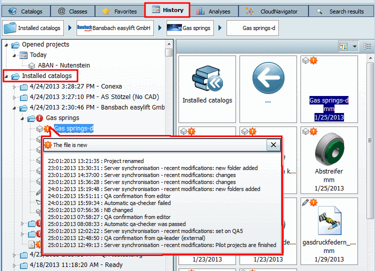 Appeler l'historique avec le survol de la sourisL'affichage de l'historique peut être activé ou désactivé par un fichier de configuration. Voir à ce sujet la rubrique Activer/désactiver l'historique des modifications de l'historique d'installation.