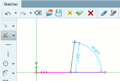 Ligne formant un angle a avec la ligne de longueur L [Line at angle to line with length]