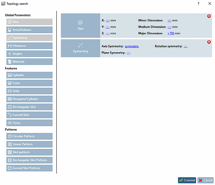 Recherche de topologie [Topology search]: réglage de la taille et de la symétrie