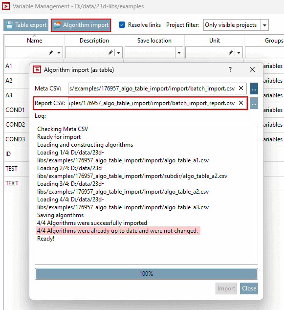 Algorithme d'importation [Algorithm import] Rapport CSV [Report CSV]