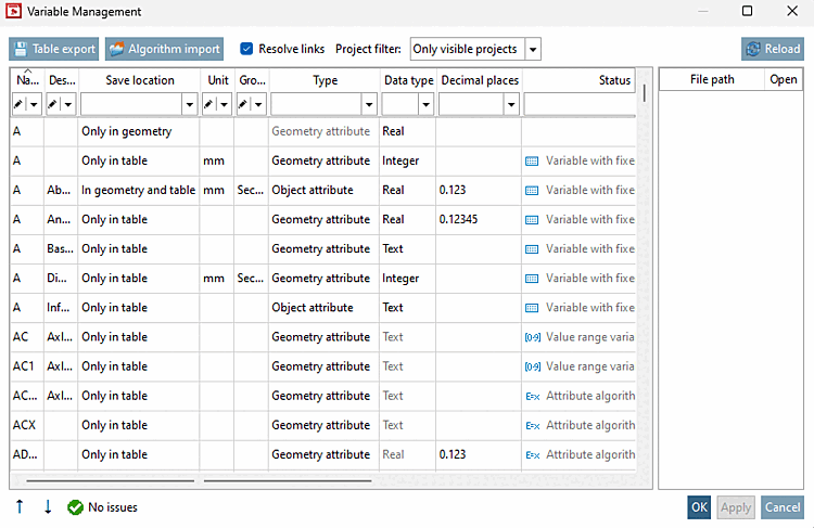 Fenêtre "Gestion des variables [Variable Management]