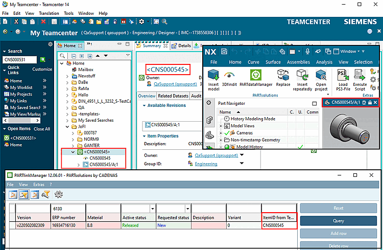 Résultat à titre d'exemple pour Teamcenter, NX et PARTlinkManager