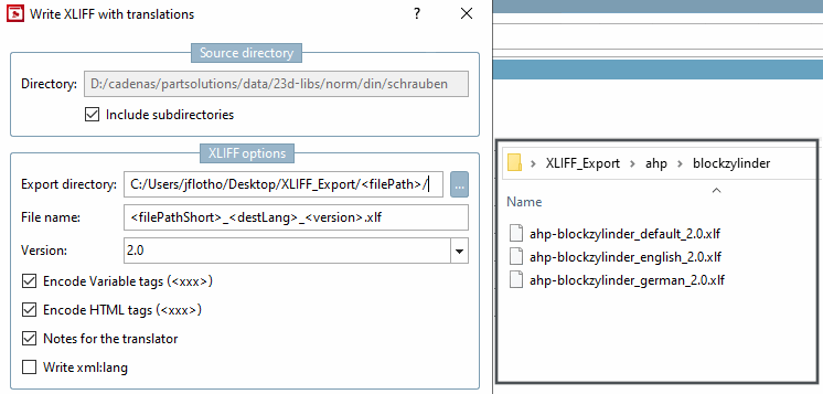 Exemple avec des caractères génériques pour "Répertoire d'exportation [Export directory]" et "Nom de fichier [File name]".