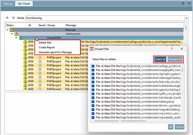 QA-Check > Clic droit > Supprimer les fichiers [Delete files] > Fichiers inutilisés [Unused files]