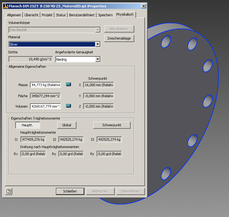Inventor iProperties -> tabbed page "Physical"