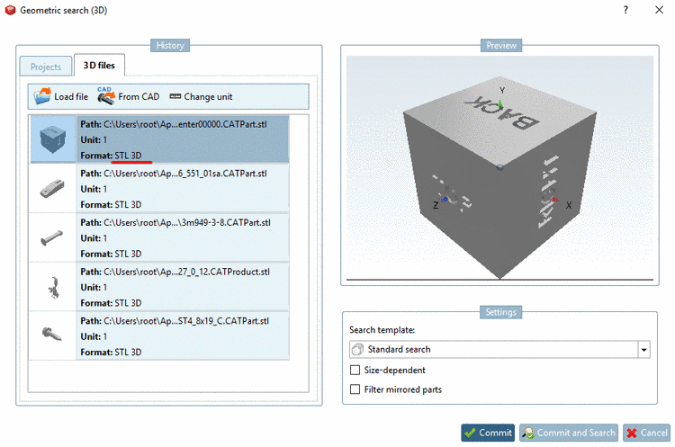 Geometric Search (3D) -> tabbed page 3D files