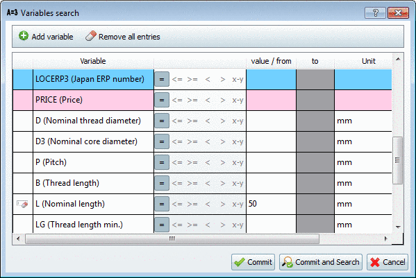 In this example "L (Nominal length)" had been clicked.
