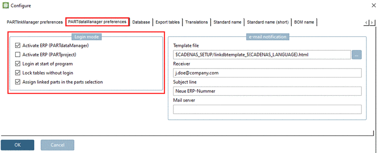 PARTlinkManager -> Extras menu -> Configure ERP environment -> tabbed page PARTdataManager preferences -> Login mode