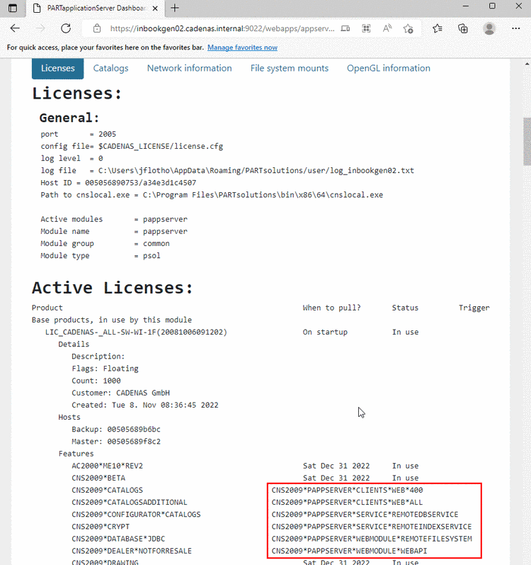 Tabbed page "Licenses"