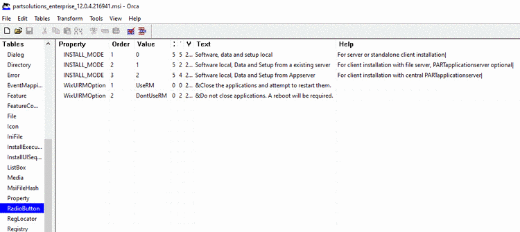 Table "RadioButton" in Orca