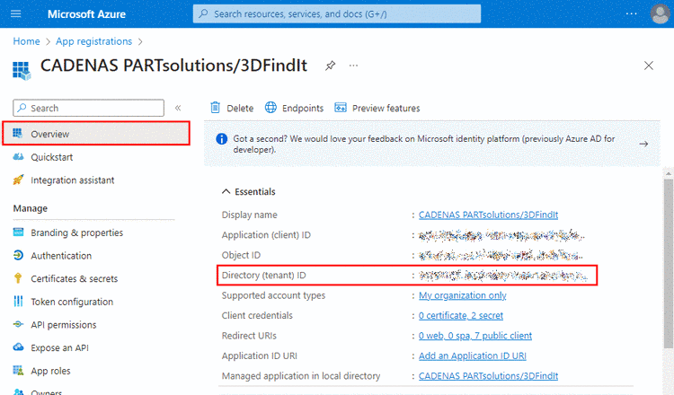 Microsoft Azure "Overview" -> "Directory (tenant) ID"