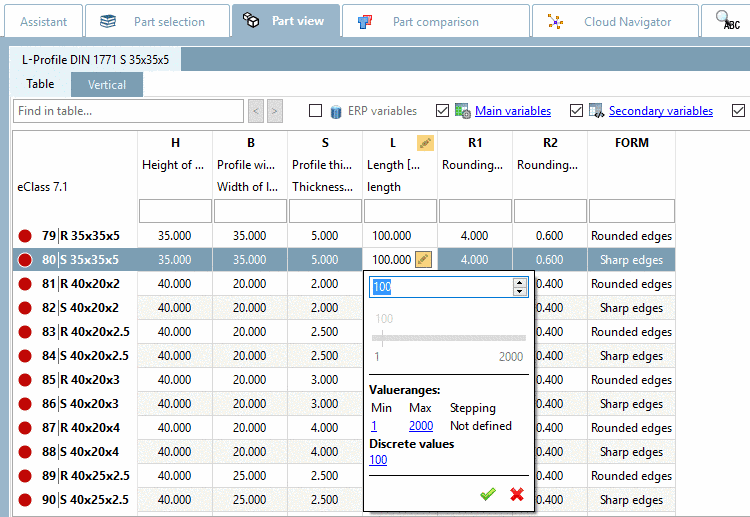 PARTdataManager example: Value range "from - to" with insertion with input of discrete values or selection via slider
