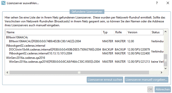 Lizenzserver auswählen...