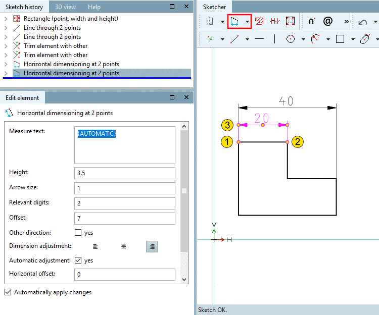 Horizontal dimensioning at 2 points
